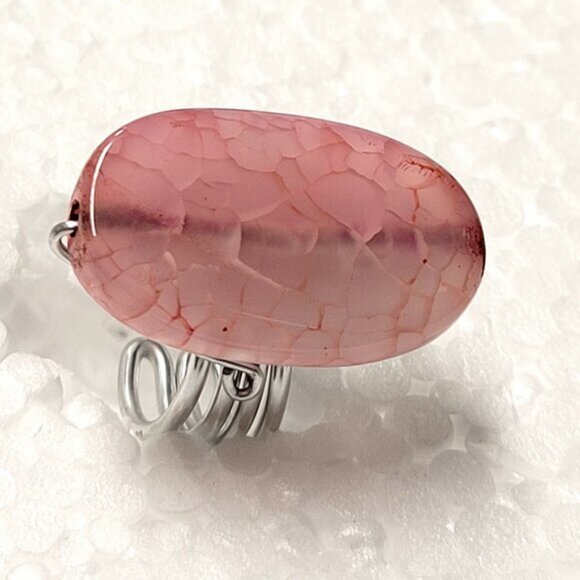 Pink Agate Veins Ring Adjustable Band Handmade Semi Precious Ring - Picture 2 of 10